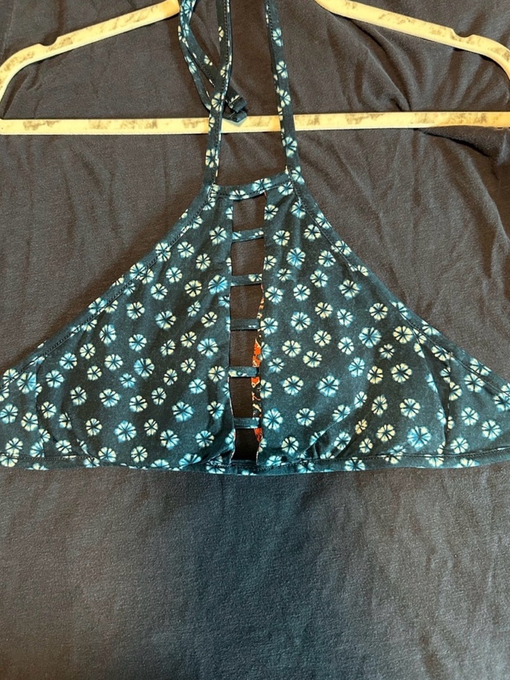 Lucky Brand Blue and Red Reversible Floral Halter Bikini Top